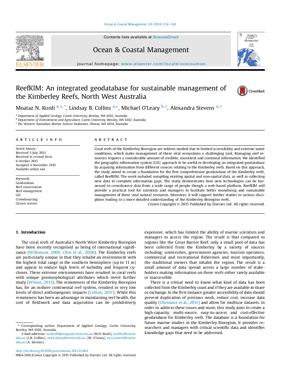 ReefKIM: An integrated geodatabase for sustainable management of the Kimberley Reefs, North West Australia