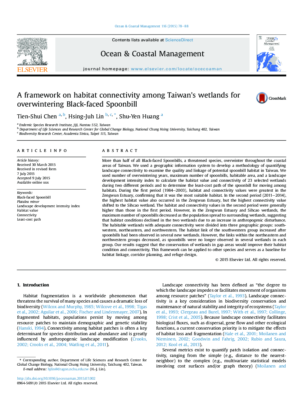 A framework on habitat connectivity among Taiwan's wetlands for overwintering Black-faced Spoonbill