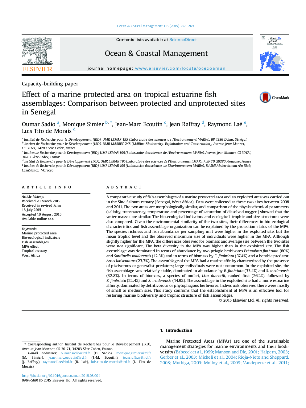 Effect of a marine protected area on tropical estuarine fish assemblages: Comparison between protected and unprotected sites inÂ Senegal