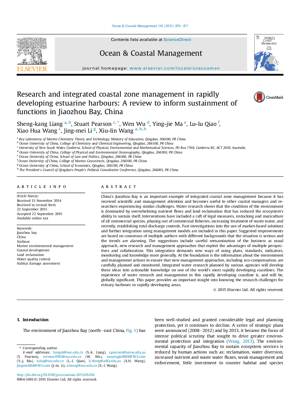 Research and integrated coastal zone management in rapidly developing estuarine harbours: A review to inform sustainment of functions in Jiaozhou Bay, China