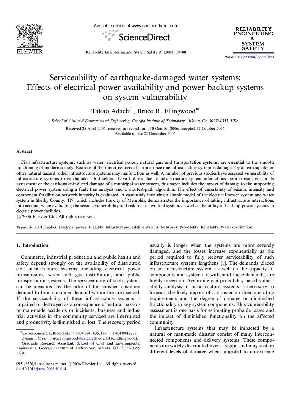 Serviceability of earthquake-damaged water systems: Effects of electrical power availability and power backup systems on system vulnerability