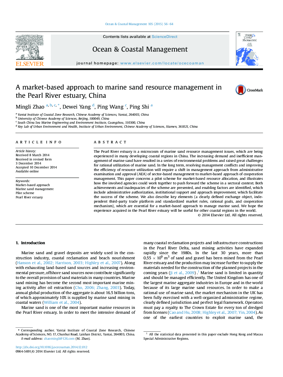 A market-based approach to marine sand resource management in the Pearl River estuary, China