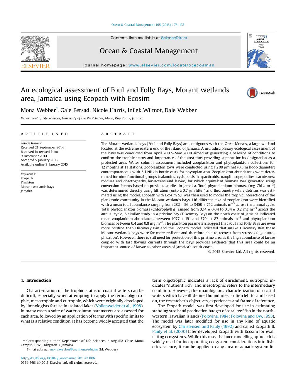 An ecological assessment of Foul and Folly Bays, Morant wetlands area, Jamaica using Ecopath with Ecosim