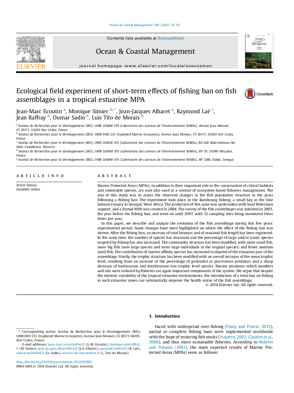 Ecological field experiment of short-term effects of fishing ban on fish assemblages in a tropical estuarine MPA