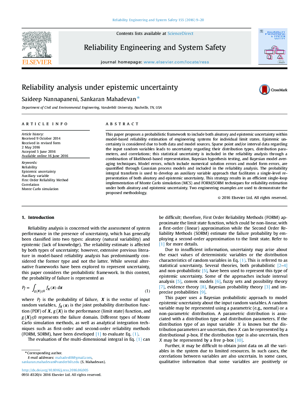 Reliability analysis under epistemic uncertainty