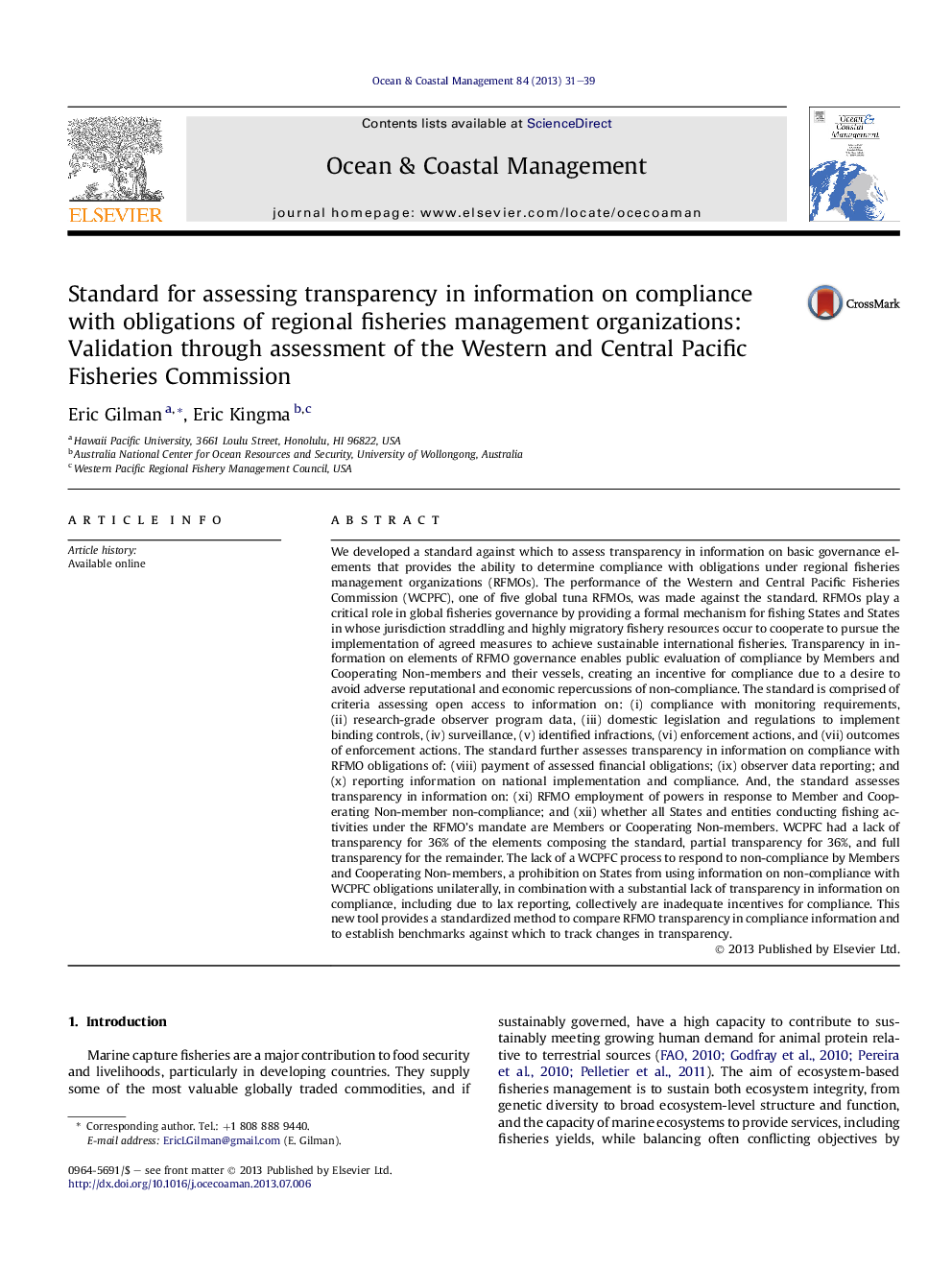 Standard for assessing transparency in information on compliance with obligations of regional fisheries management organizations: Validation through assessment of the Western and Central Pacific Fisheries Commission