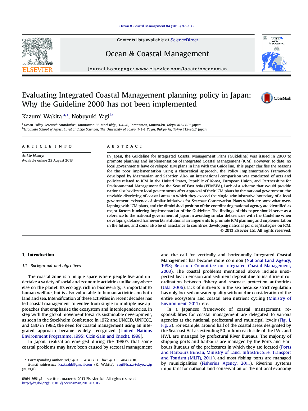 Evaluating Integrated Coastal Management planning policy in Japan: Why the Guideline 2000 has not been implemented