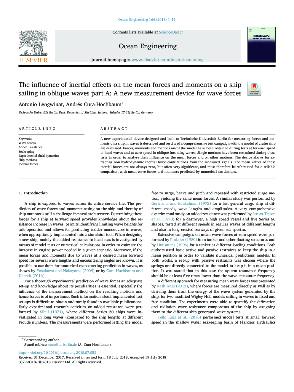 The influence of inertial effects on the mean forces and moments on a ship sailing in oblique waves part A: A new measurement device for wave forces