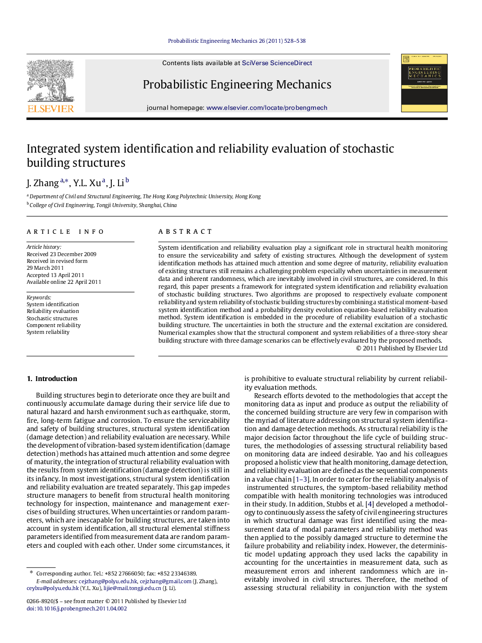 Integrated system identification and reliability evaluation of stochastic building structures