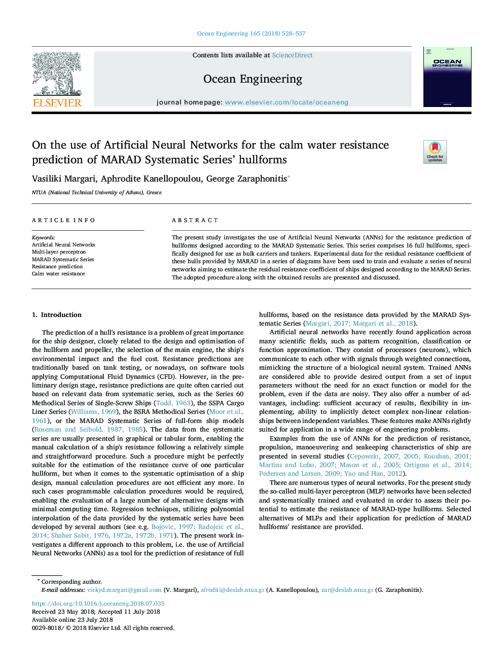 On the use of Artificial Neural Networks for the calm water resistance prediction of MARAD Systematic Series' hullforms