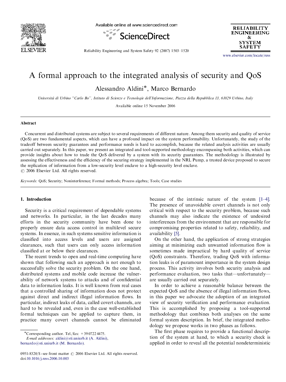 A formal approach to the integrated analysis of security and QoS