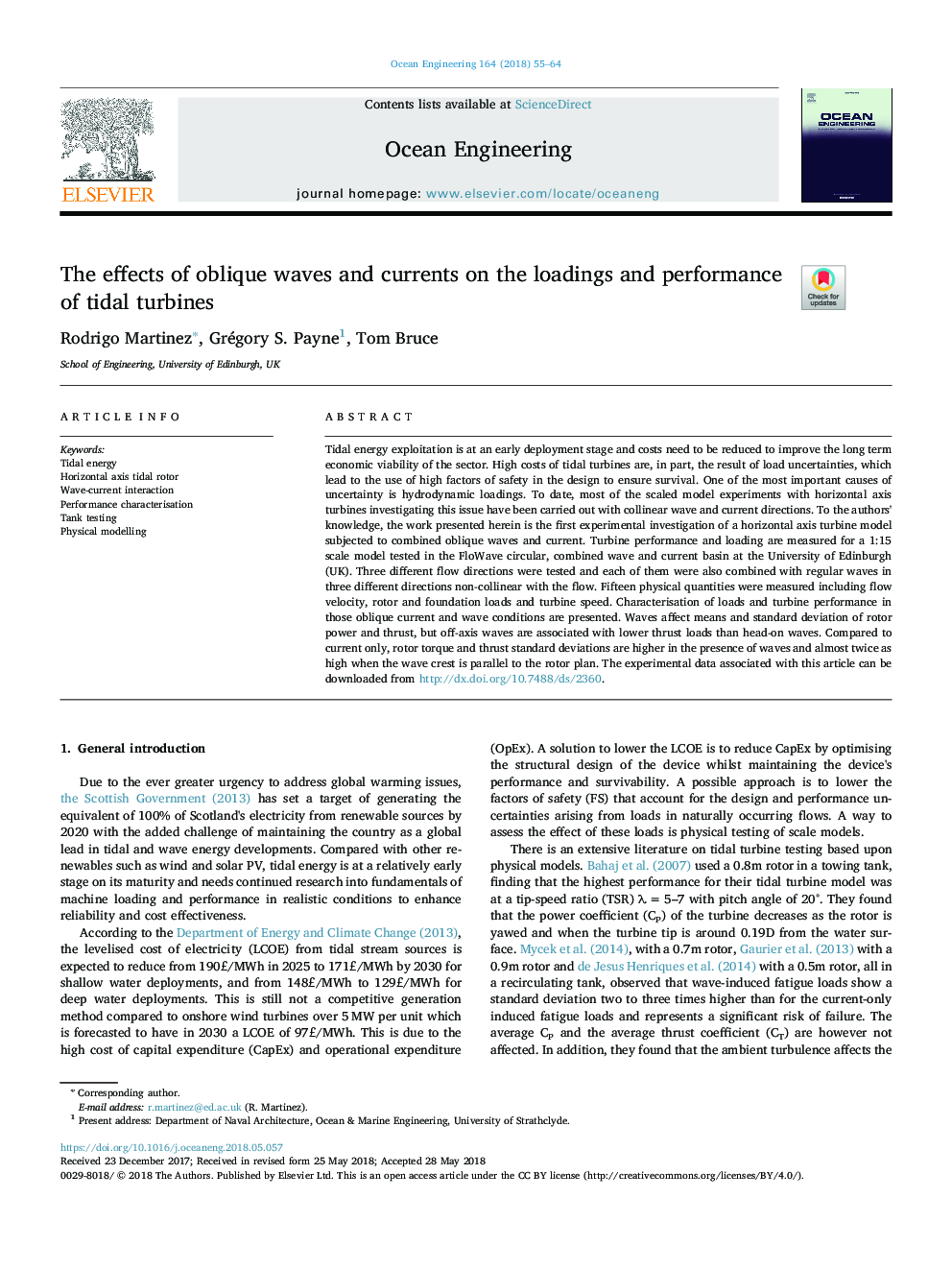 The effects of oblique waves and currents on the loadings and performance of tidal turbines