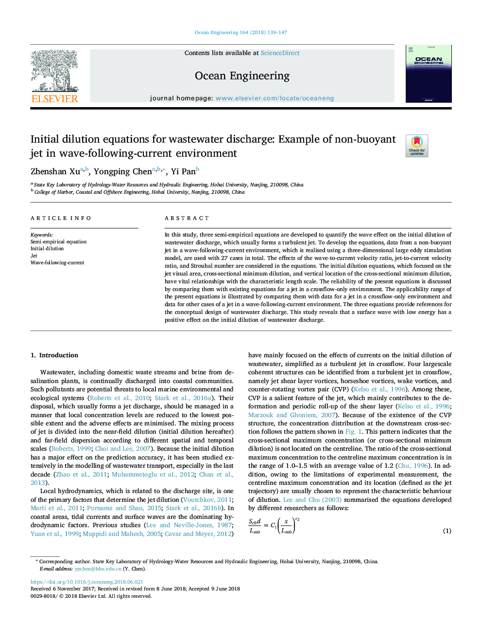 Initial dilution equations for wastewater discharge: Example of non-buoyant jet in wave-following-current environment