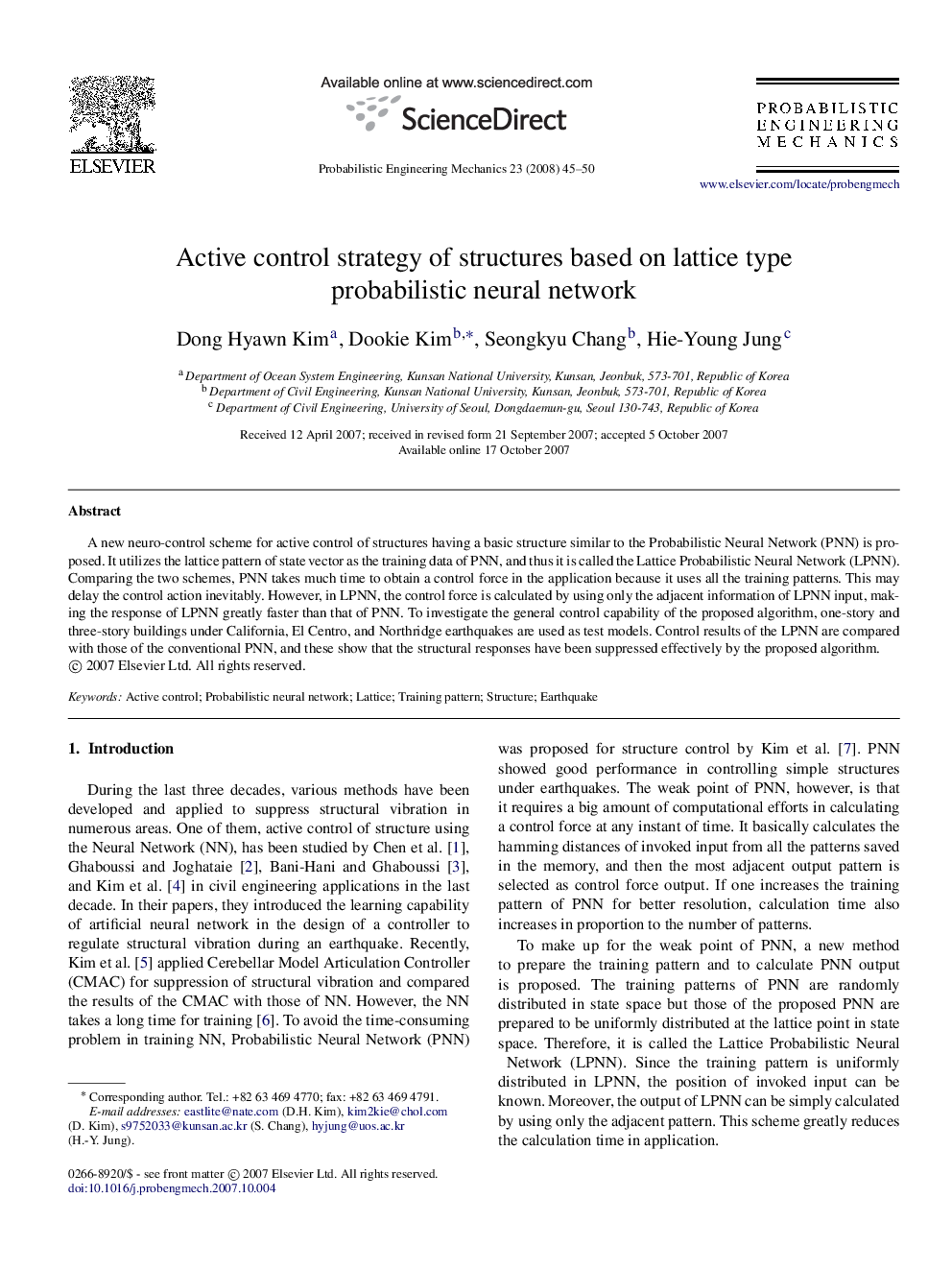 Active control strategy of structures based on lattice type probabilistic neural network