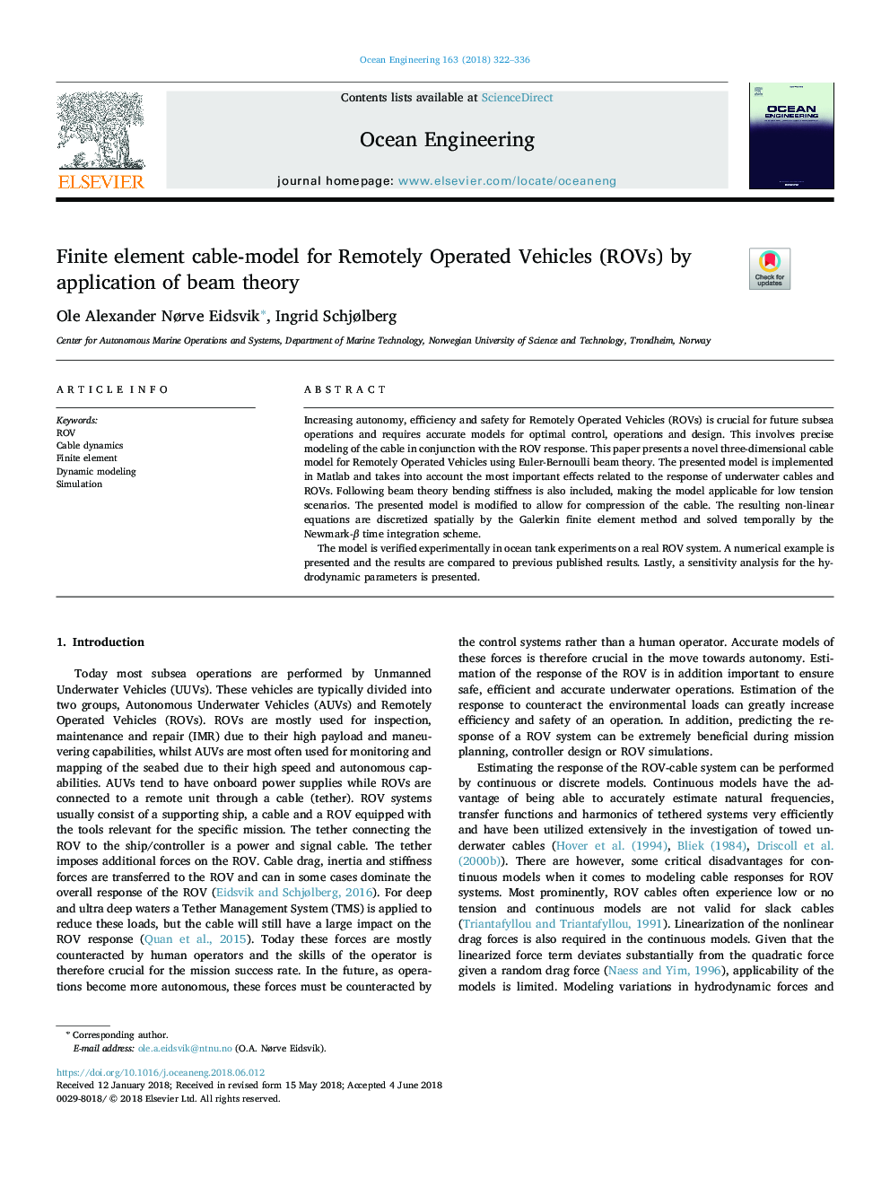 Finite element cable-model for Remotely Operated Vehicles (ROVs) by application of beam theory