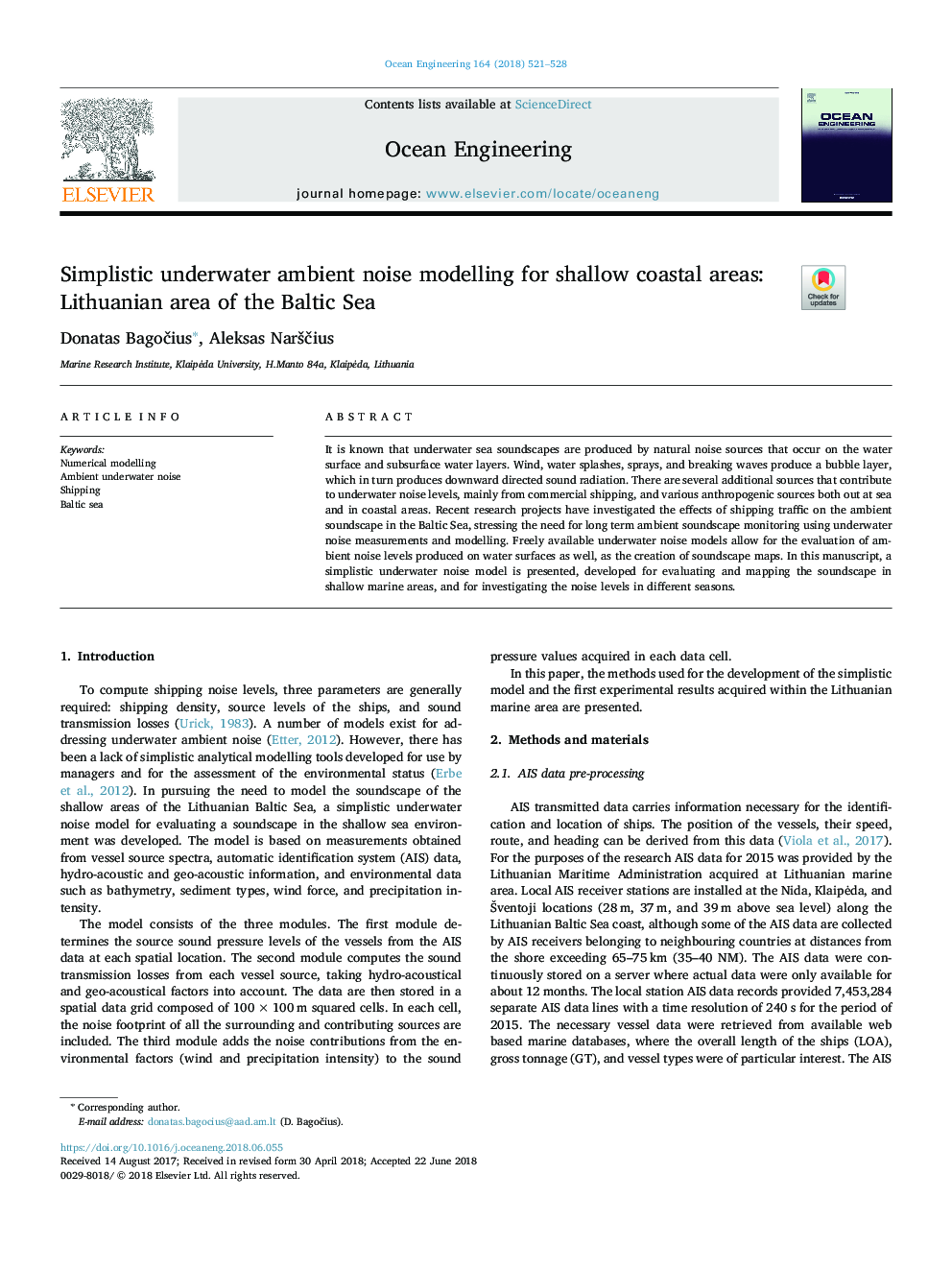 Simplistic underwater ambient noise modelling for shallow coastal areas: Lithuanian area of the Baltic Sea