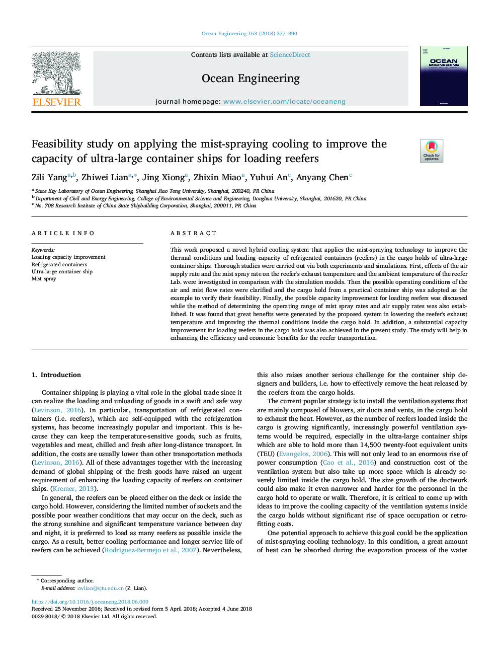Feasibility study on applying the mist-spraying cooling to improve the capacity of ultra-large container ships for loading reefers