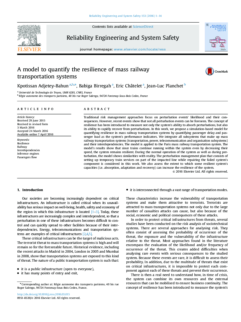 A model to quantify the resilience of mass railway transportation systems