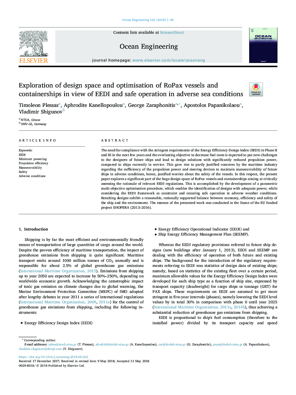 Exploration of design space and optimisation of RoPax vessels and containerships in view of EEDI and safe operation in adverse sea conditions