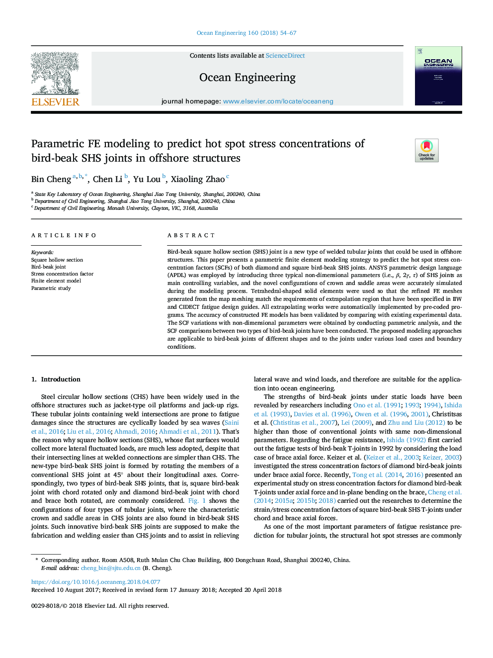 Parametric FE modeling to predict hot spot stress concentrations of bird-beak SHS joints in offshore structures