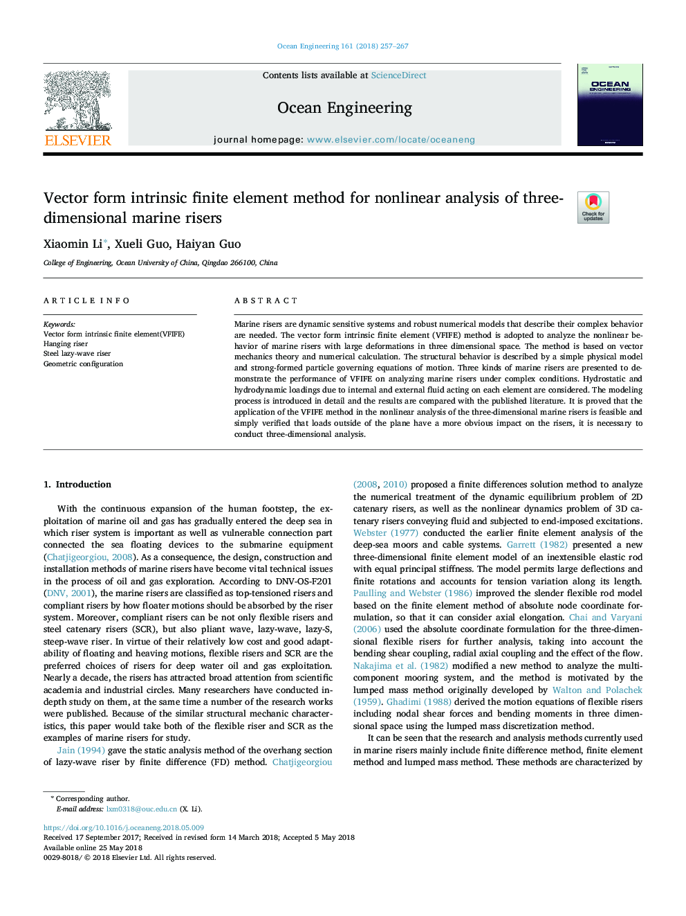 Vector form intrinsic finite element method for nonlinear analysis of three-dimensional marine risers