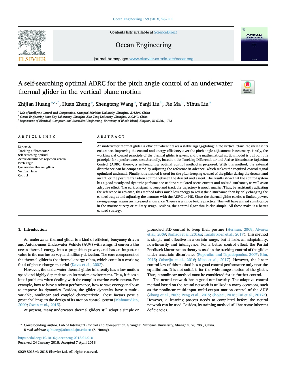 A self-searching optimal ADRC for the pitch angle control of an underwater thermal glider in the vertical plane motion