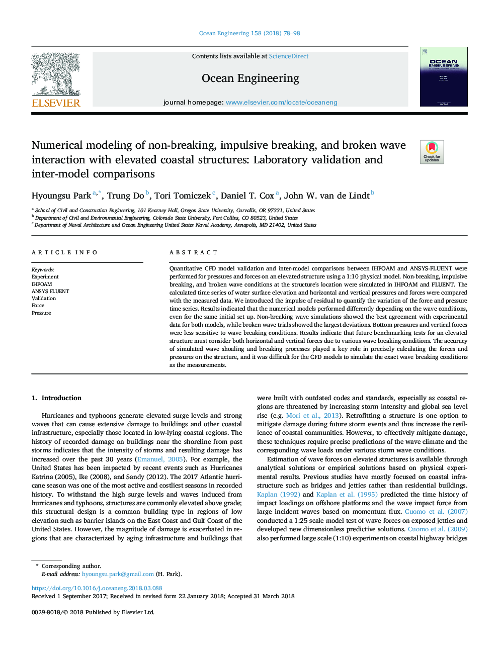 Numerical modeling of non-breaking, impulsive breaking, and broken wave interaction with elevated coastal structures: Laboratory validation and inter-model comparisons