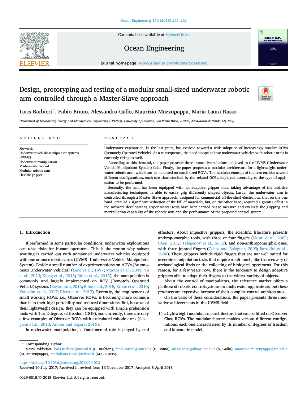 Design, prototyping and testing of a modular small-sized underwater robotic arm controlled through a Master-Slave approach