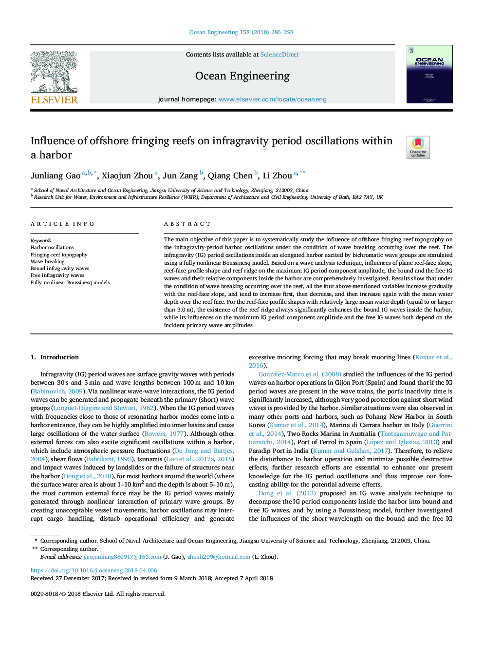 Influence of offshore fringing reefs on infragravity period oscillations within a harbor