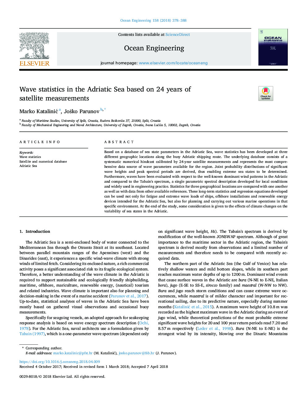 Wave statistics in the Adriatic Sea based on 24 years of satellite measurements