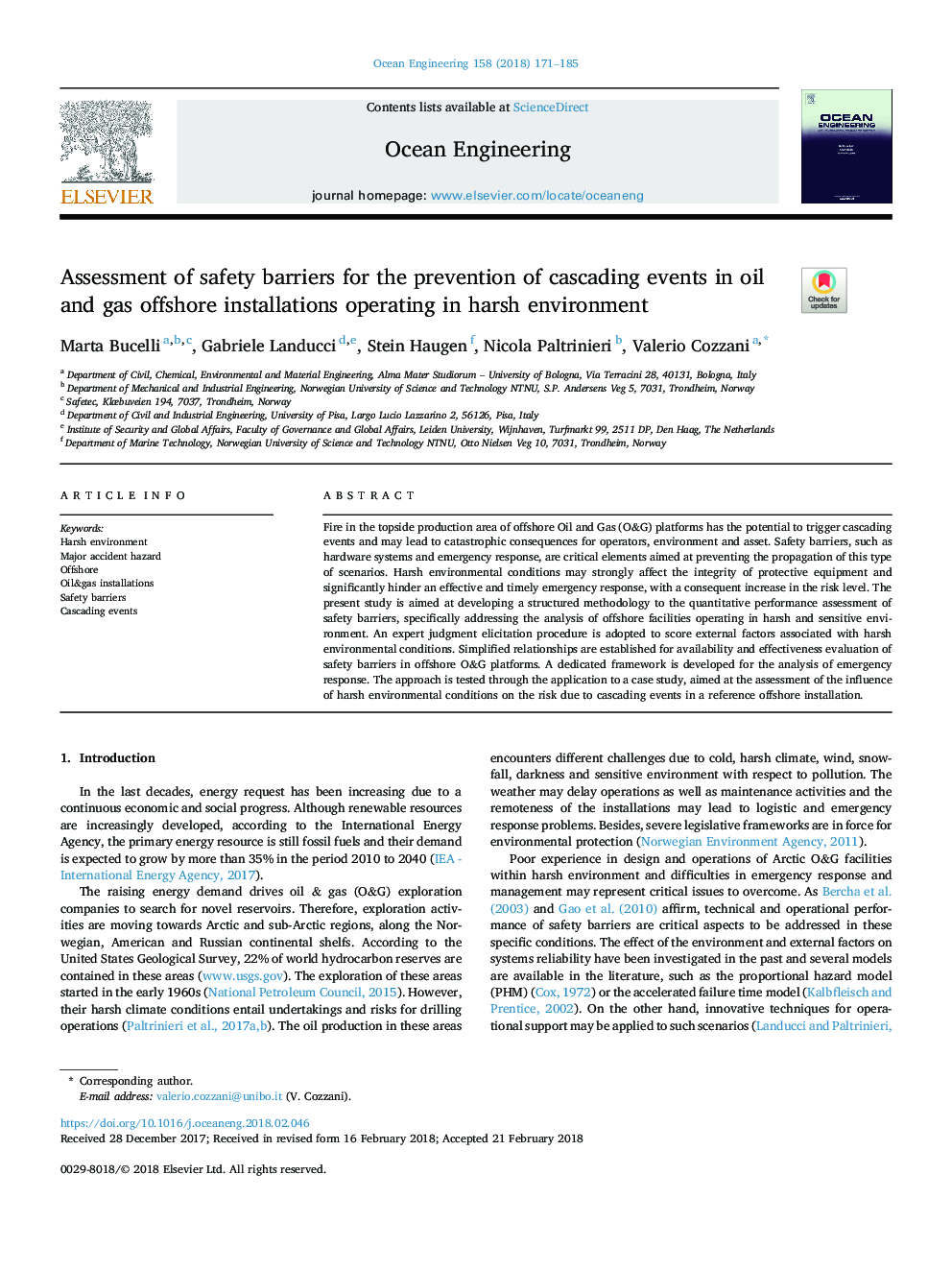 Assessment of safety barriers for the prevention of cascading events in oil and gas offshore installations operating in harsh environment