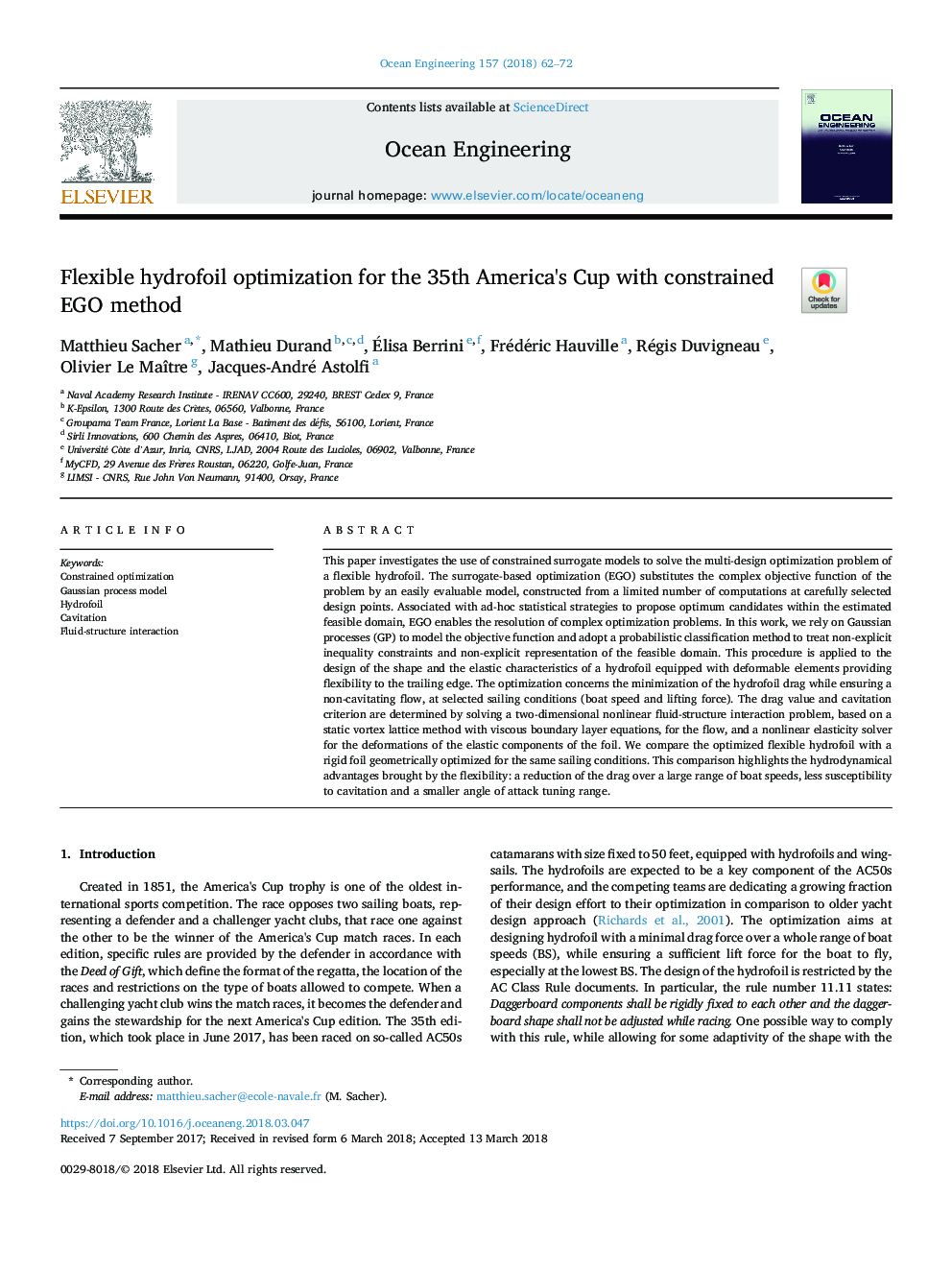 Flexible hydrofoil optimization for the 35th America's Cup with constrained EGO method