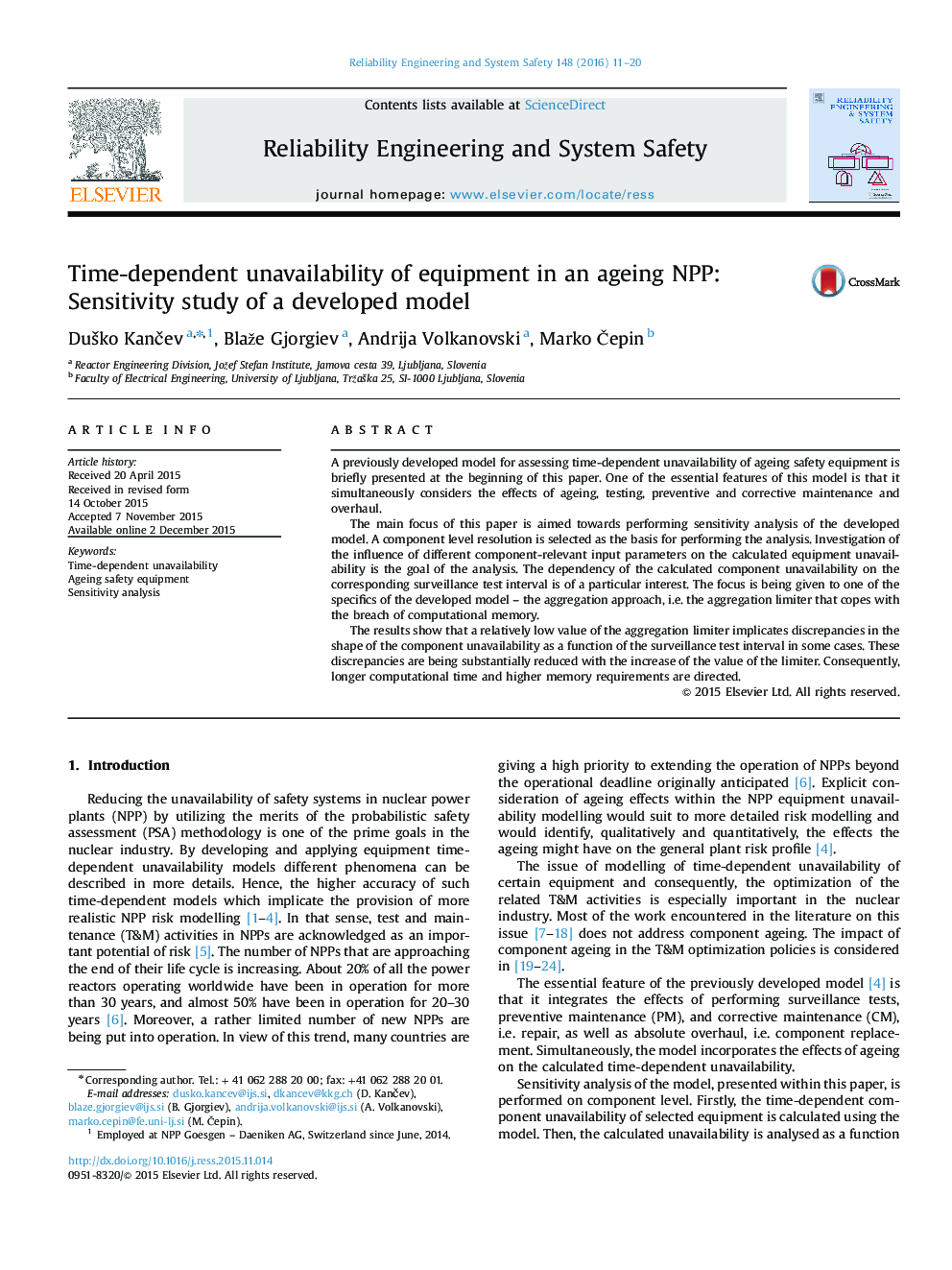 Time-dependent unavailability of equipment in an ageing NPP: Sensitivity study of a developed model