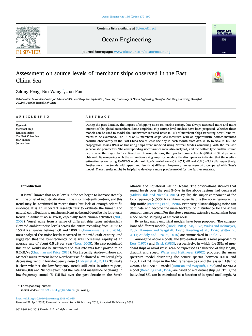 Assessment on source levels of merchant ships observed in the East China Sea