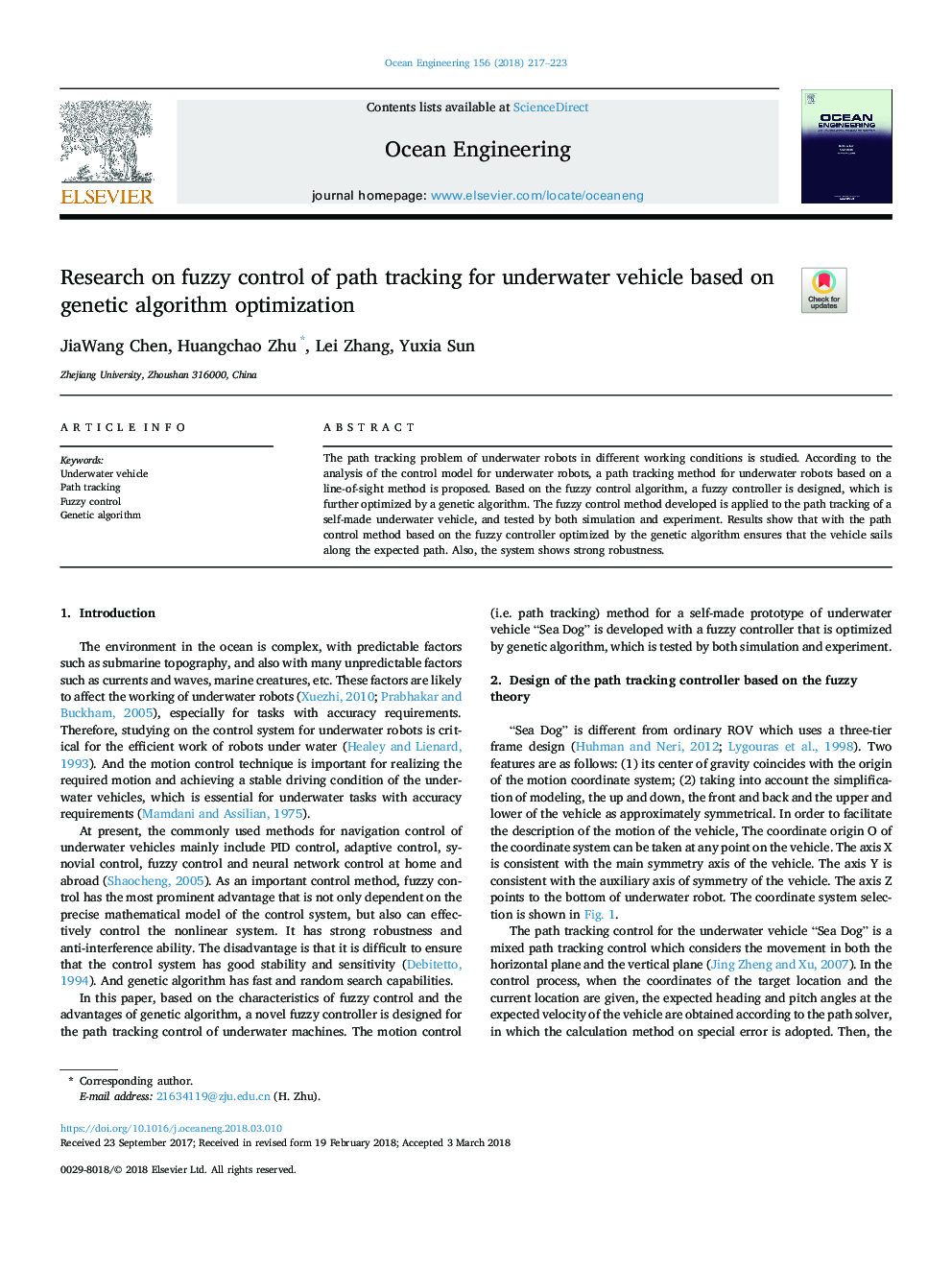 Research on fuzzy control of path tracking for underwater vehicle based on genetic algorithm optimization