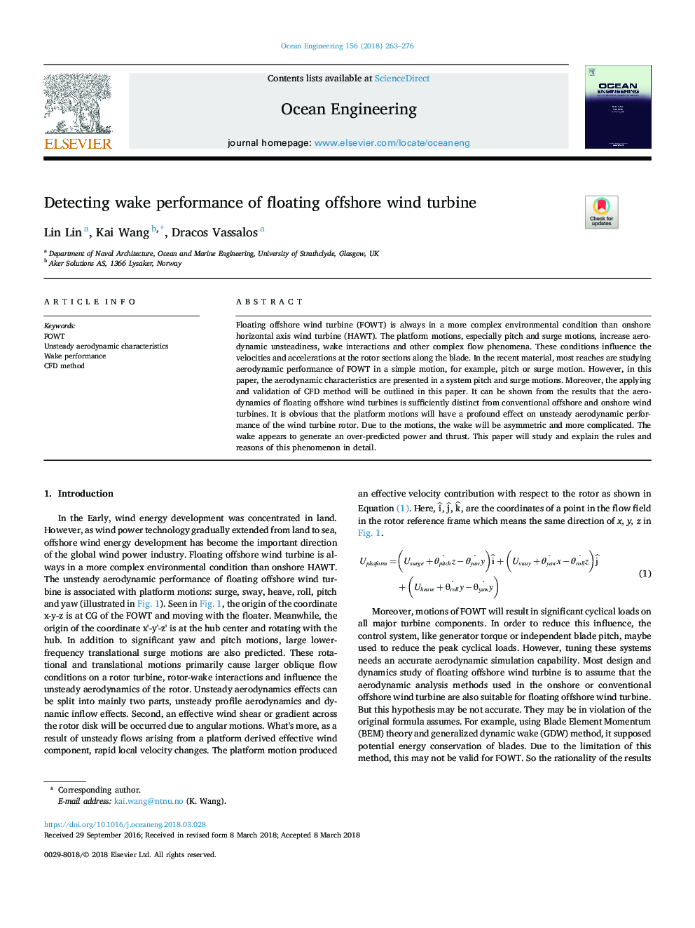 Detecting wake performance of floating offshore wind turbine