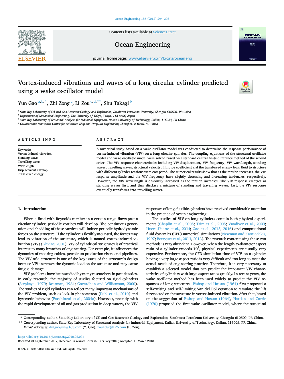 Vortex-induced vibrations and waves of a long circular cylinder predicted using a wake oscillator model