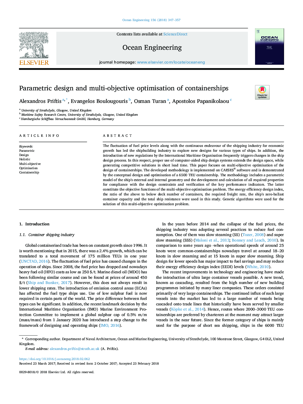 Parametric design and multi-objective optimisation of containerships