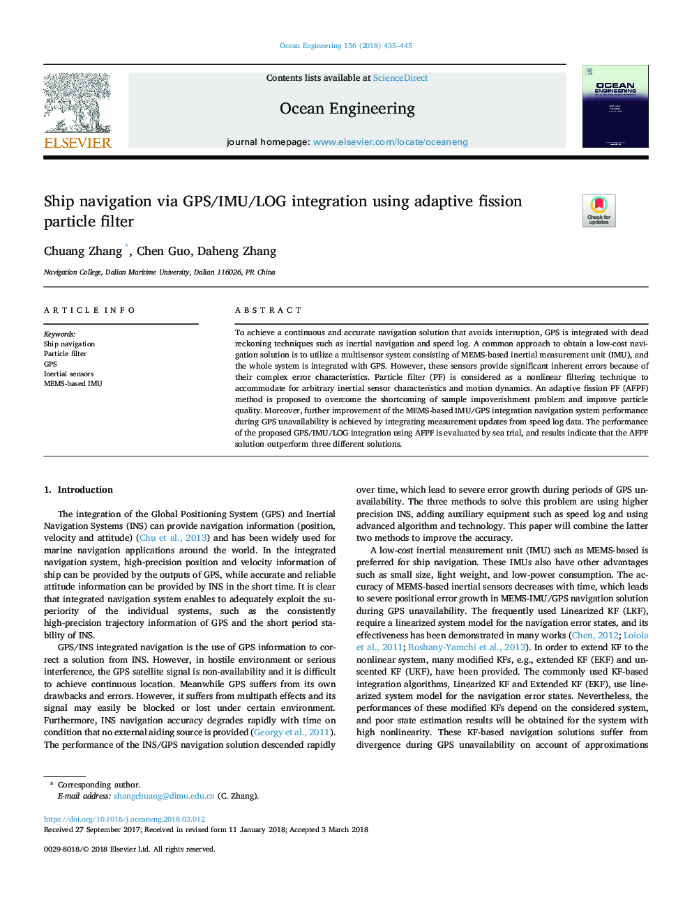 Ship navigation via GPS/IMU/LOG integration using adaptive fission particle filter