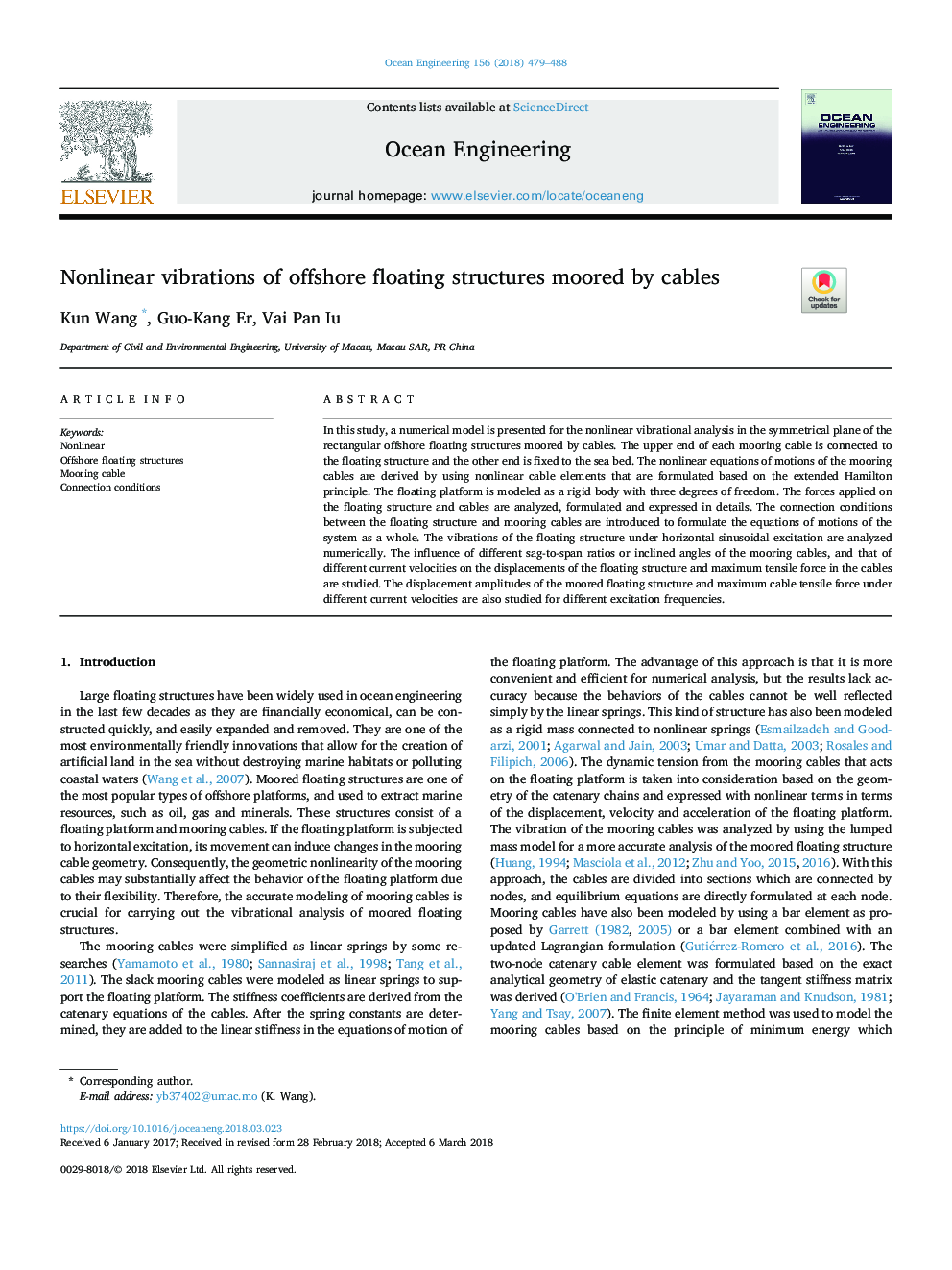 Nonlinear vibrations of offshore floating structures moored by cables