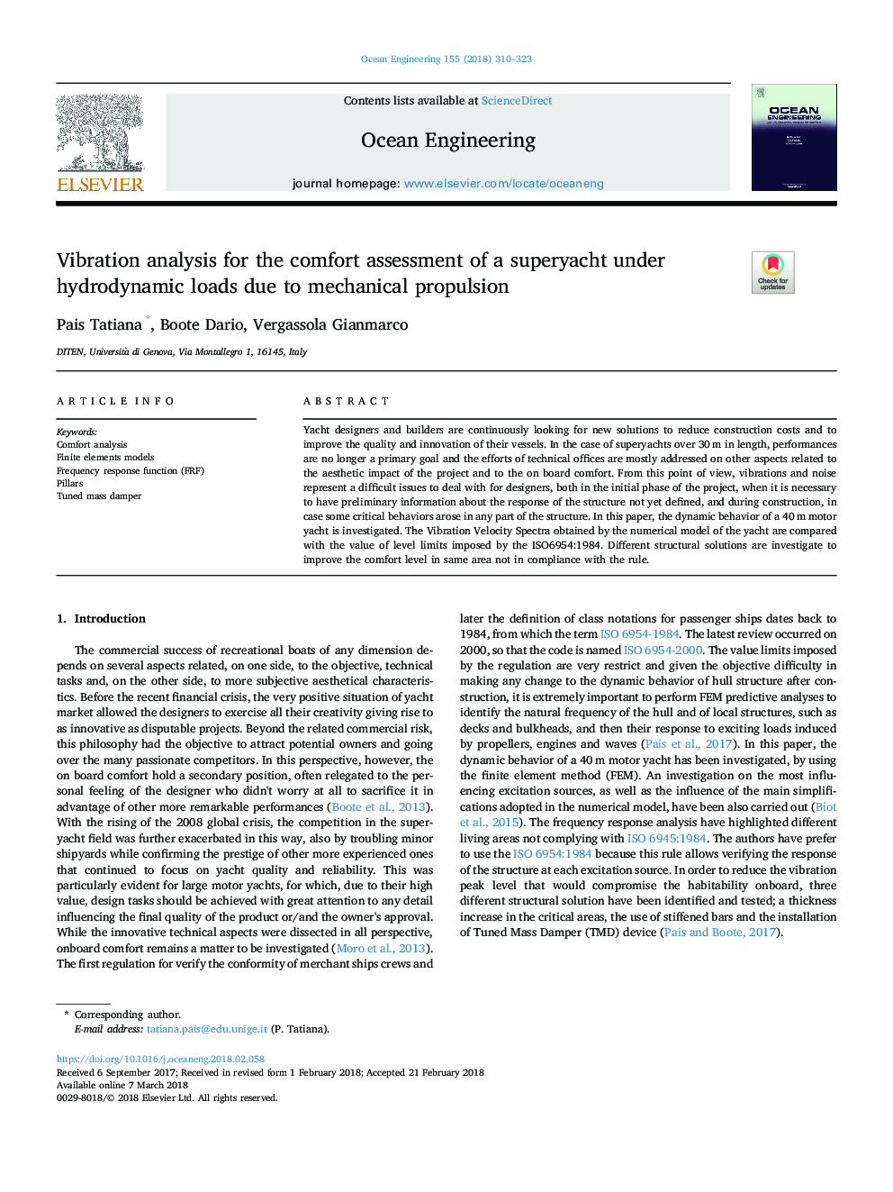 Vibration analysis for the comfort assessment of a superyacht under hydrodynamic loads due to mechanical propulsion