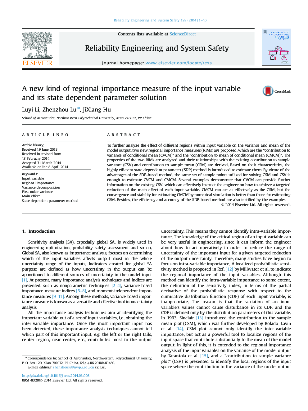 A new kind of regional importance measure of the input variable and its state dependent parameter solution