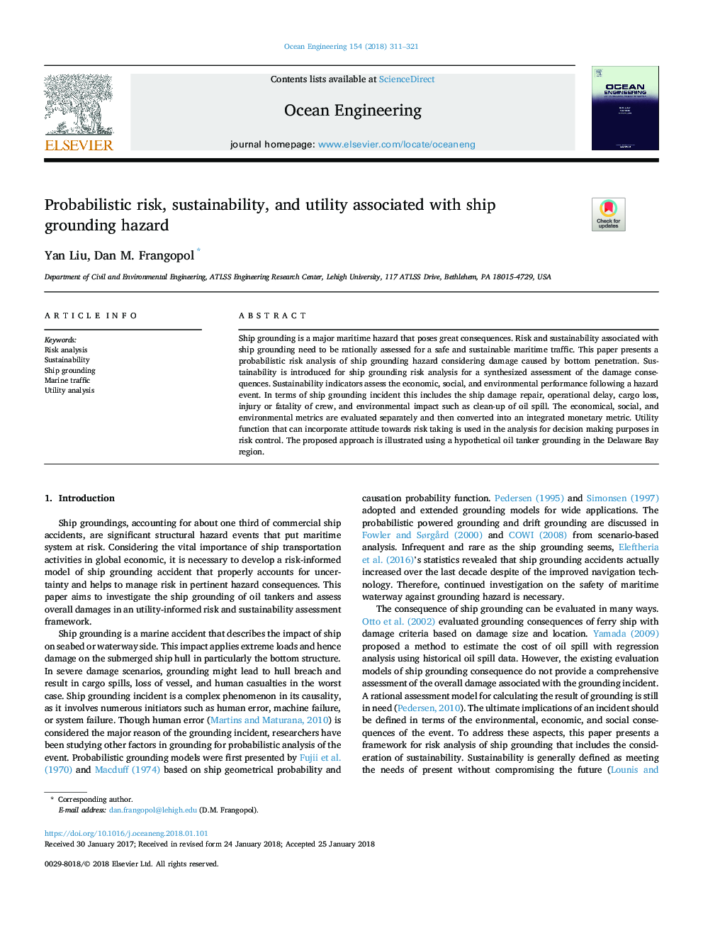 Probabilistic risk, sustainability, and utility associated with ship grounding hazard