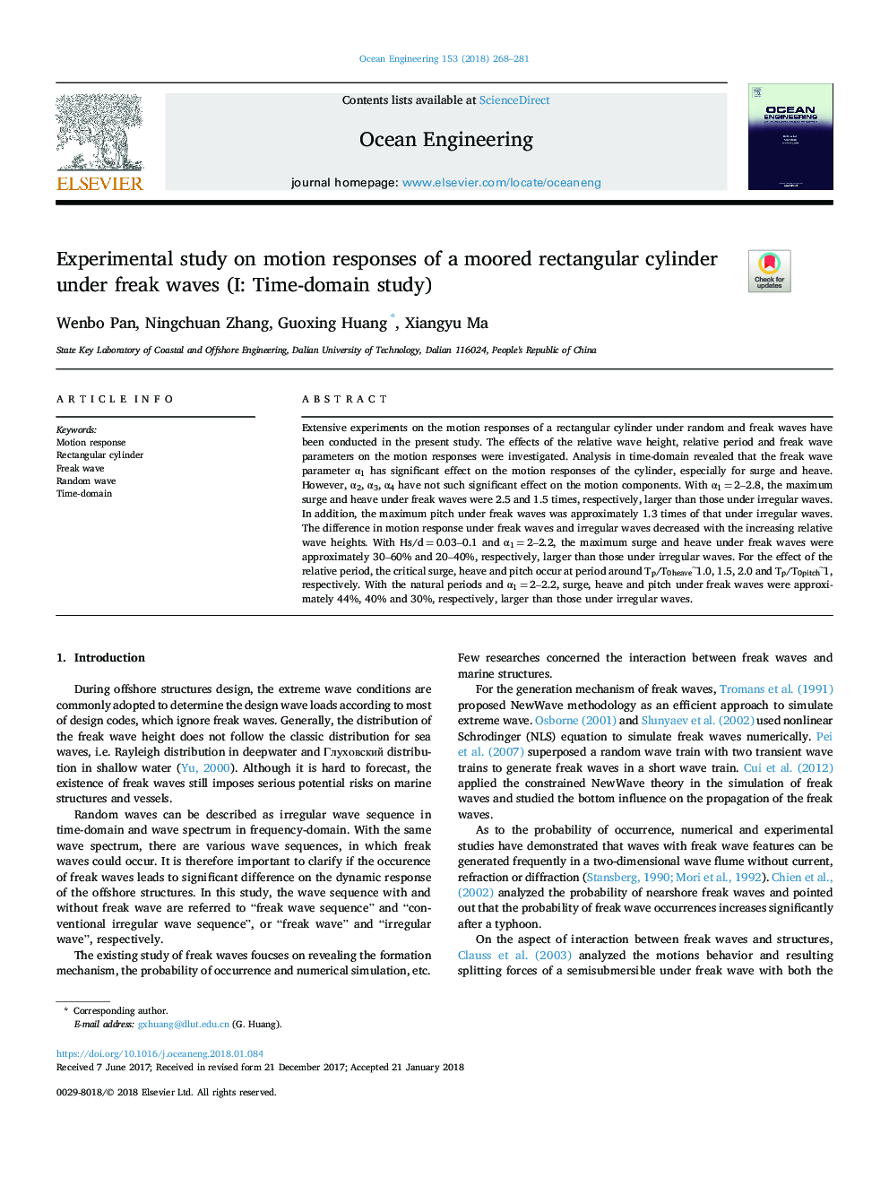 Experimental study on motion responses of a moored rectangular cylinder under freak waves (I: Time-domain study)