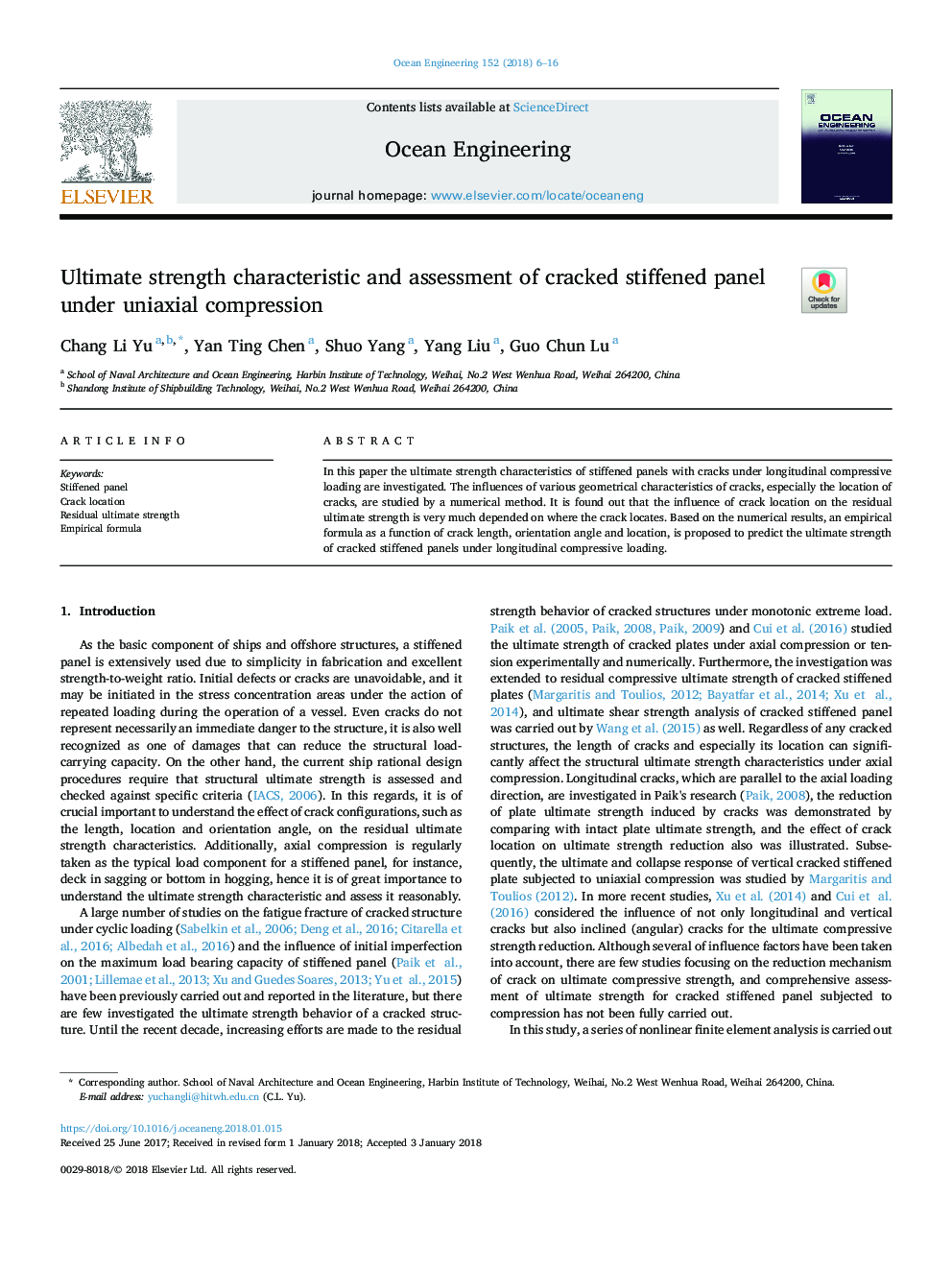 Ultimate strength characteristic and assessment of cracked stiffened panel under uniaxial compression