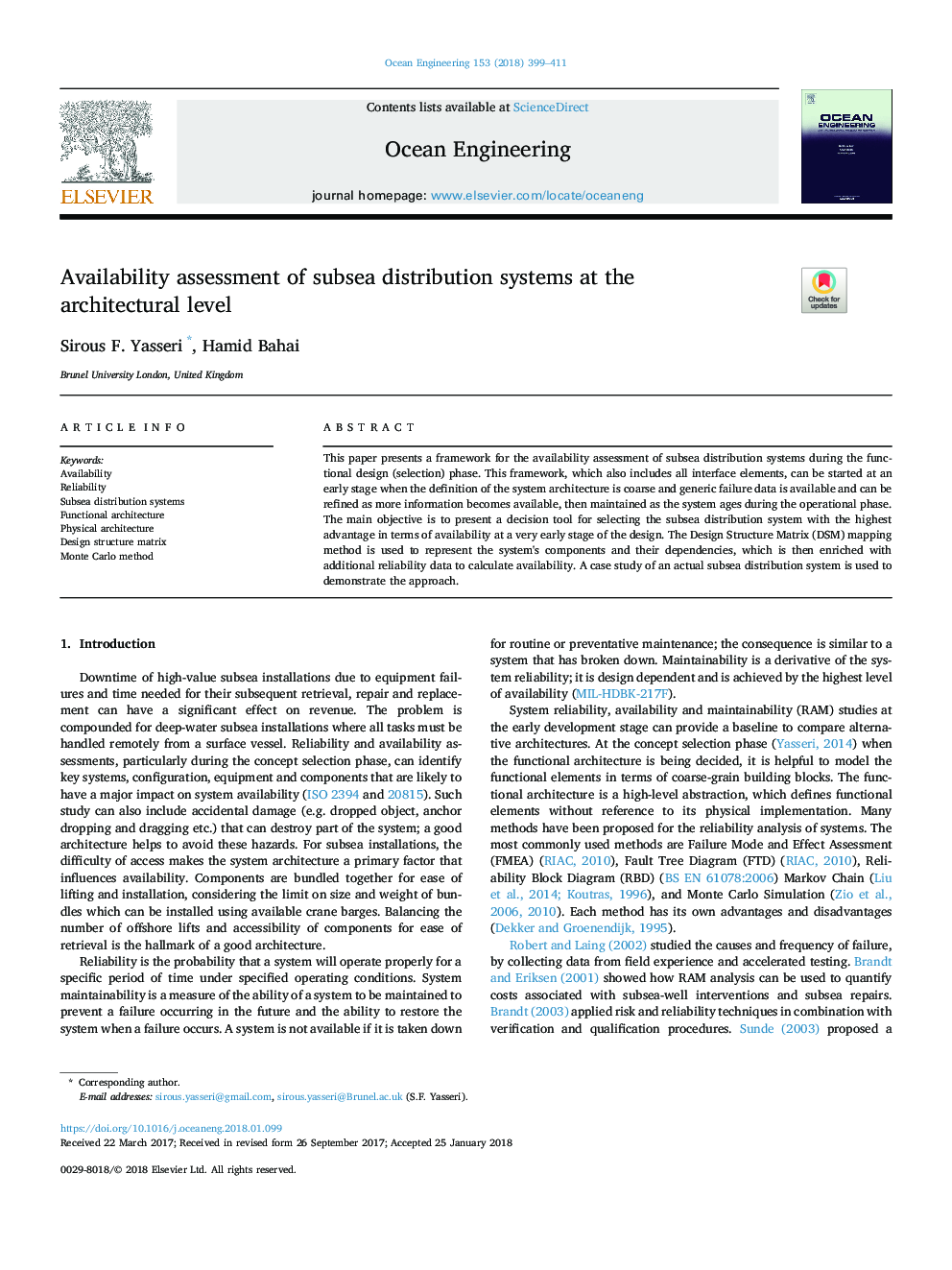 Availability assessment of subsea distribution systems at the architectural level