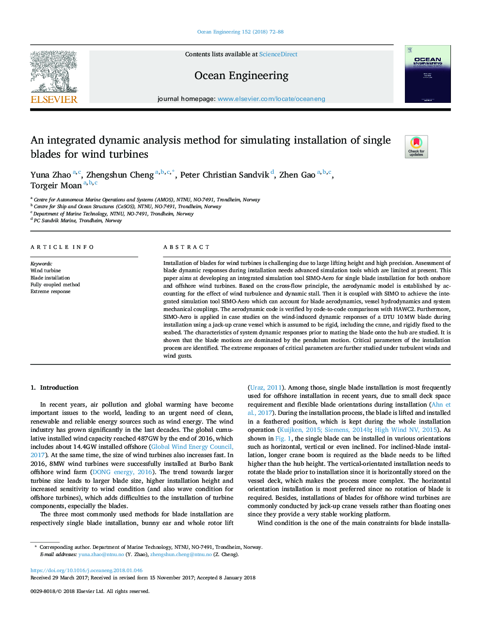 An integrated dynamic analysis method for simulating installation of single blades for wind turbines