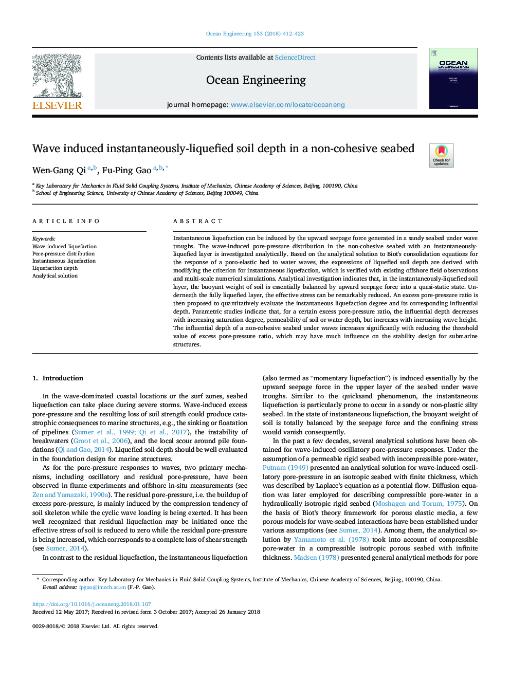 Wave induced instantaneously-liquefied soil depth in a non-cohesive seabed