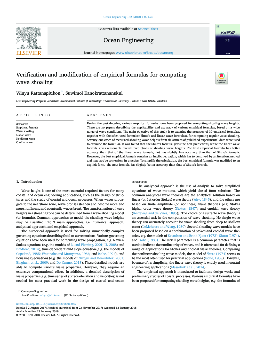 Verification and modification of empirical formulas for computing wave shoaling