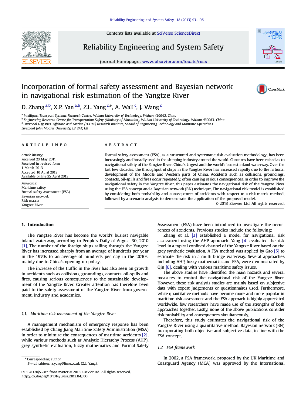 Incorporation of formal safety assessment and Bayesian network in navigational risk estimation of the Yangtze River